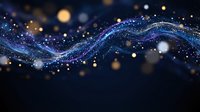 Abstract blue glowing wave with sparkling particles and bokeh lights on dark background for digital technology and futuristic design concepts.