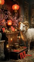 White goat with golden horns standing in ornate Asian temple setting decorated with red lanterns, cherry blossoms, gold coins and traditional wooden furniture for lunar new year celebrations.