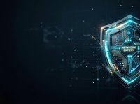 Digital shield with glowing cyan outline and network safety text on dark tech background with circuit patterns and data particles for cybersecurity concepts.