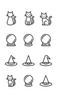 Minimalist line art collection featuring cats, crystal balls and witch hats for Halloween designs, tattoos, logos and mystical themed projects.