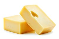 Two fresh yellow cheese blocks with holes on white background, dairy product closeup macro photography for food industry and commercial use.