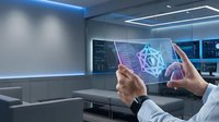 Businessman hands holding transparent tablet displaying cybersecurity shield icon in modern office with digital screens and futuristic lighting.