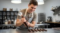 Young male artisan, Caucasian ethnicity, chocolatier or pastry chef in apron, crafting chocolate confections at work counter in professional kitchen studio setting.
