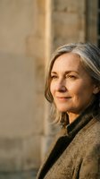 Mature woman with gray hair wearing a tan and black layered jacket, looking over shoulder with calm expression against blurred urban background. Portrait for lifestyle, aging, confidence, professional themes.
