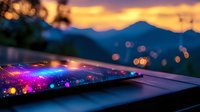 Colorful bokeh lights reflect on laptop surface against mountain silhouettes at sunset, creating dreamy atmosphere with purple and orange glow.