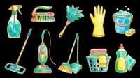 Watercolor cleaning tools set isolated on transparent background, ready for stickers, t-shirt design, print on demand, sublimation, and clipart use.