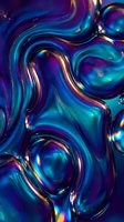 Iridescent holographic liquid metal surface with flowing waves and bubbles creating rainbow reflections in blue purple tones for modern digital art backgrounds.