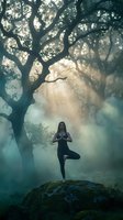 Young woman practicing yoga tree pose on rock under ancient tree with mystical sunbeams filtering through morning mist in peaceful forest setting.