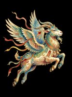 Ornate mythical winged goat with decorative gold, blue, and red patterns, isolated on transparent background. Ready for t-shirt design, clipart, stickers, sublimation, and print-on-demand products.