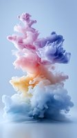 Colorful smoke clouds in pastel pink, purple, yellow and blue tones creating abstract art formation against light background. Suitable for creative design projects.