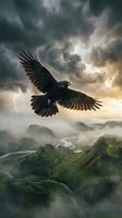 Majestic eagle soaring through dramatic storm clouds above misty mountain landscape with lightning and rain for nature and wildlife themes.