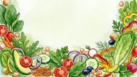 Fresh vegetables and fruits arranged in corners on cream background, including tomatoes, cucumbers, lettuce, onions and berries, isolated for culinary design use.