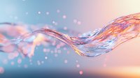 Flowing liquid wave with pink and blue gradient colors creates dynamic motion against blurred bokeh background, suitable for wellness and spa designs.