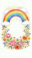 Watercolor rainbow with fluffy clouds, colorful flowers and small birds creating dreamy spring frame for greeting cards and nursery decor.