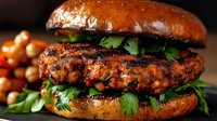 Grilled spicy chicken burger with fresh herbs and parsley on brioche bun, close up view against dark background, selective focus on juicy meat patty.