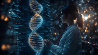 Asian female scientist analyzing digital DNA helix projection in dark laboratory with glowing blue holographic display and bokeh light effects.