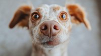Close-up portrait of adorable mixed breed dog with orange and white fur, expressive brown eyes and pink nose looking directly at camera on blurred background.