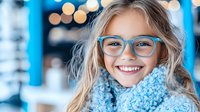 Young girl with blonde hair wearing blue glasses and cozy knit scarf smiling brightly against blurred bokeh background, expressing joy and confidence.
