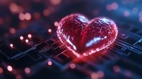Glowing red heart on circuit board with bokeh lights creates futuristic romance concept. Digital love symbol illuminates dark tech background with sparkles.