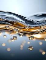 Abstract liquid wave with golden amber fluid and transparent bubbles against blue background, showcasing fluid dynamics in macro photography.