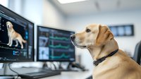 Yellow Labrador wearing collar sits at computer workstation with multiple monitors displaying veterinary diagnostic screens and medical data charts.