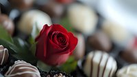 Red rose bloom among assorted dark and white chocolate truffles and pralines, romantic Valentine's day composition with soft bokeh background.