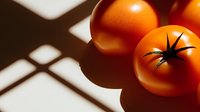 Fresh ripe red tomatoes on white surface with dramatic shadow pattern from window light creating geometric shapes, minimalist food photography composition.
