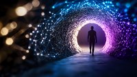 Silhouette of person walking through futuristic digital tunnel with glowing blue and purple lights, representing technology, innovation and future concepts.