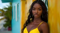 Young African American woman with long wavy hair wearing yellow dress against vibrant colorful wall background in tropical setting.