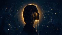 Silhouette of person with glowing golden aura against starry night sky background. Mystical spiritual energy concept for meditation and mindfulness designs.