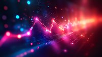 Futuristic digital data visualization with glowing neon lines and particles showing upward trending graph against dark background for business analytics.