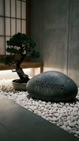 Zen entrance with engraved welcome stone, bonsai tree, and white pebbles in a minimalist Asian-inspired interior design setting.