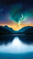 Crescent moon and northern lights reflect on calm mountain lake waters at night, stars twinkle in turquoise sky while golden sunset glow illuminates horizon.