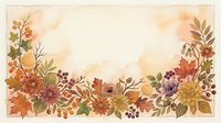 Watercolor autumn floral frame with warm orange, red, and purple flowers, berries, and fall leaves on a light background with copy space.