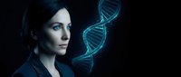 Young professional woman scientist gazing at glowing DNA double helix structure in dark laboratory setting for genetic research and biotechnology concepts.