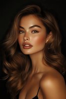Young woman with glowing skin and voluminous brown wavy hair against dark background, showcasing natural makeup and glossy lips for beauty advertising.
