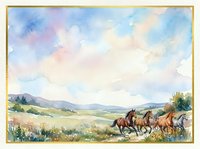 Watercolor painting of wild horses galloping across a meadow under a pastel sky, framed with gold border, perfect for cards and prints.