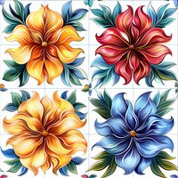 Vibrant floral pattern with four stylized blooms in orange, red, yellow and blue tones featuring decorative petals and green leaves on white background. Seamless repeat design.