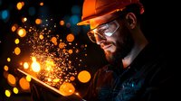 Bearded industrial worker in protective helmet and glasses observing welding sparks at night manufacturing site, dramatic lighting with bokeh effect creates atmosphere.