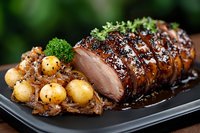 Juicy sliced duck breast with caramelized honey glaze, served with baby potatoes and fresh herbs on black plate against dark background.