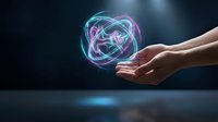 Glowing neon holographic sphere floating above open palm against dark background. Futuristic technology concept for digital innovation presentations.