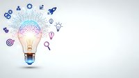 Light bulb with colorful brain and innovation icons on white background representing creativity, ideas, and business solutions for presentations.