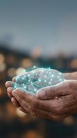Hands holding glowing digital network globe with connected nodes and lines, representing global connectivity, data sharing, and technology innovation for business solutions.