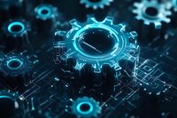 Glowing blue mechanical gears and circuit patterns create futuristic technology concept with depth of field effect on dark background for business innovation.