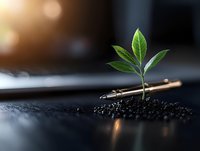 Young green plant growing from soil with pen symbolizing sustainable business growth and environmental responsibility in soft natural lighting.