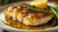 Grilled chicken breast fillets in honey garlic sauce served with fresh asparagus and lemon slice on white plate, close up view of juicy meat with herbs.