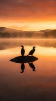 Two cormorants perched on a rock in misty lake at sunrise, silhouetted against golden orange sky with forested mountains and calm water reflections for nature and wildlife concepts.