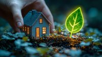 Miniature house with glowing neon green leaf in magical garden setting, illuminated windows create warm atmosphere against dark background. For environmental concepts.