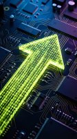 Digital growth arrow with binary code on computer circuit board representing technology advancement and data processing innovation.