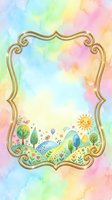 Watercolor rainbow background with gold ornate frame and cute cartoon landscape, sun, birds, trees, and flowers for kids cards.
